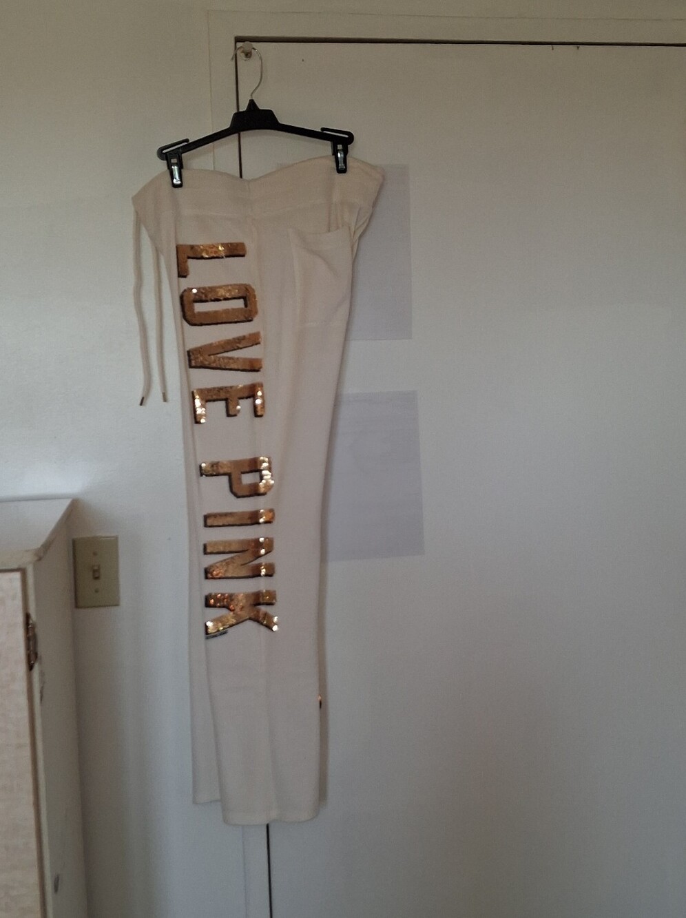 PINK (VS) Velour Cream Pants with Gold Sequin SzM